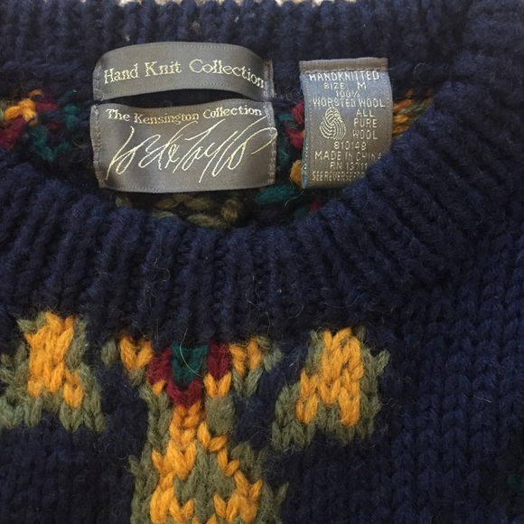 Navy Blue Hand Knit Wool Sweater - Picture 3 of 4